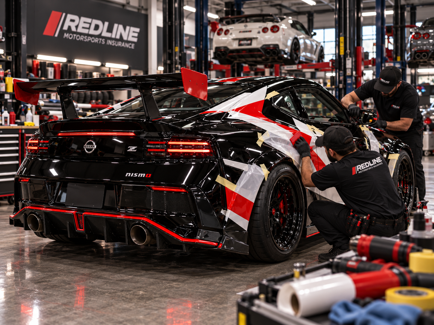 Custom wrapped performance car in a California shop