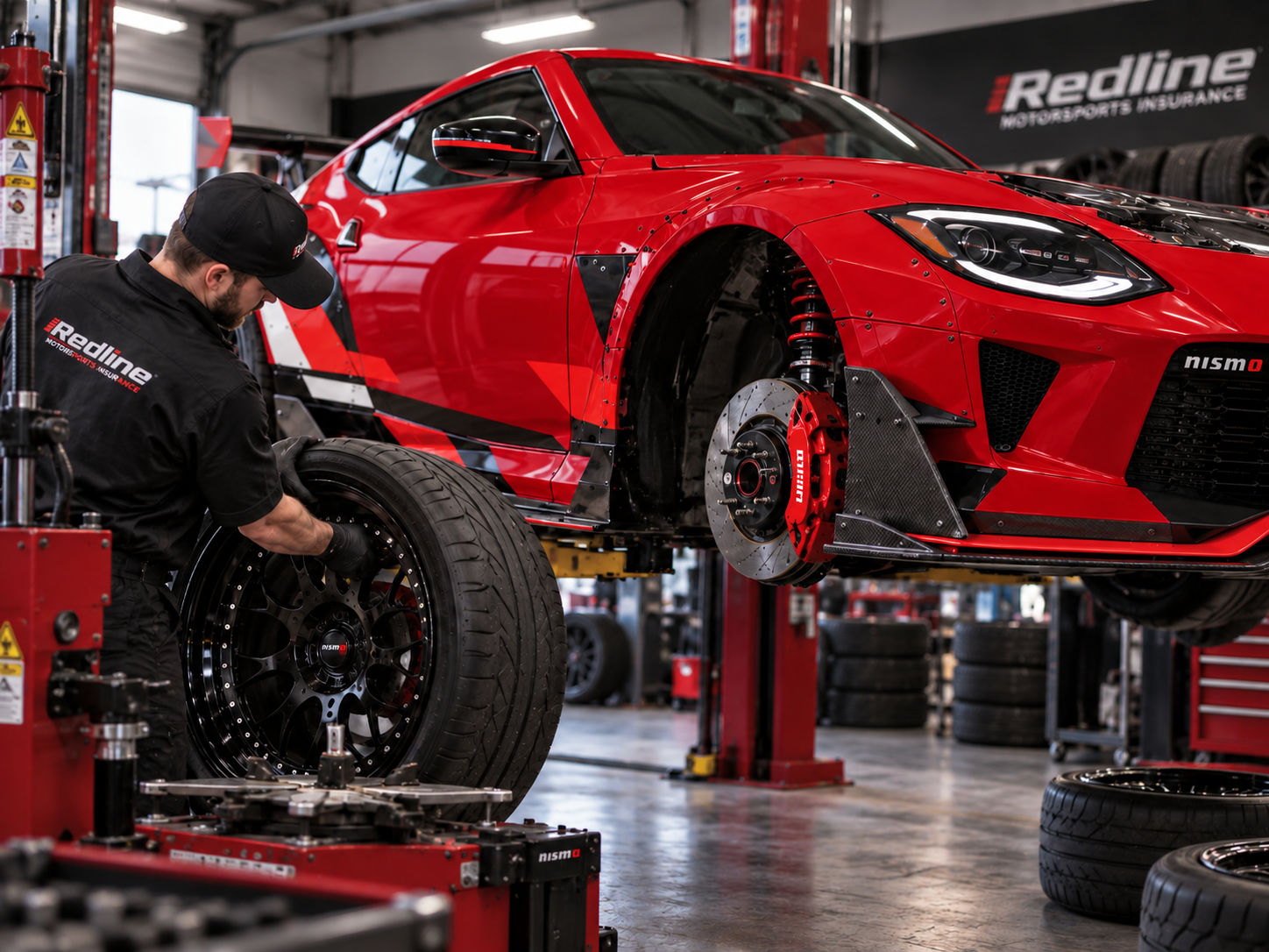 Race car on a lift in a California race shop